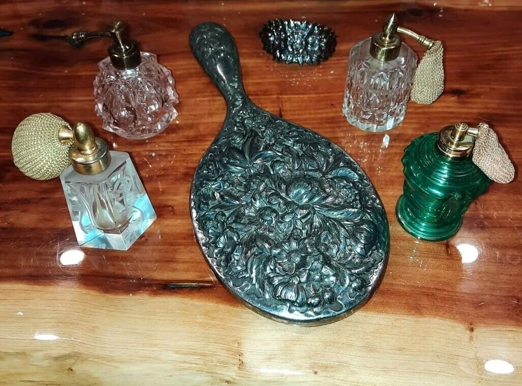 Large lot of vintage antique perfume bottles atomizers silver mirror hair barret