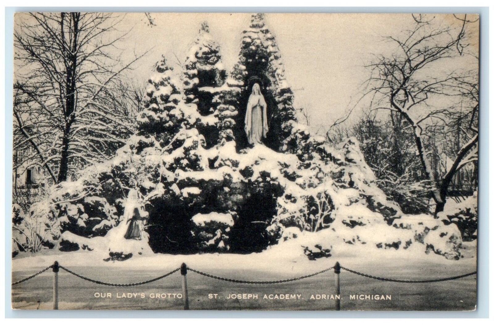 c1950's Our Lady's Grotto St. Joseph Academy Catholic Adrian Michigan Postcard