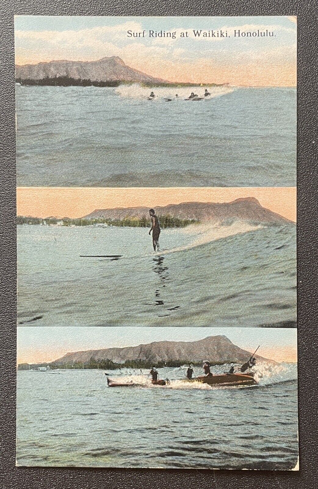 Vintage 1910s HONOLULU Hawaii Postcard SURF RIDING Waikiki Multi View