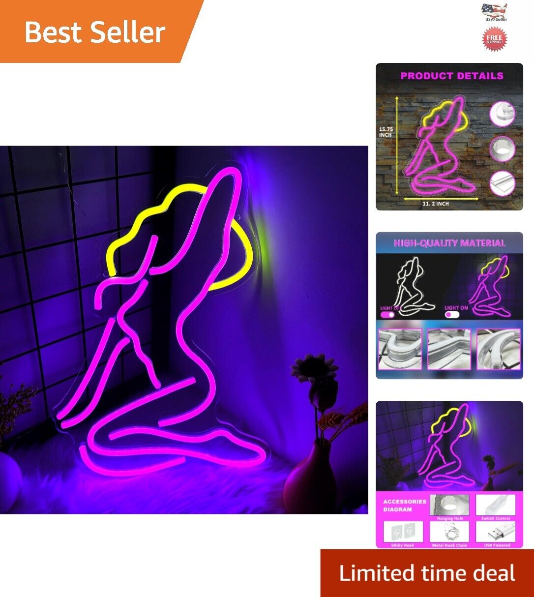 Pink Lady Back Neon Sign, LED Lady Neon Sign for Bedroom, USB Lady Back-Pink