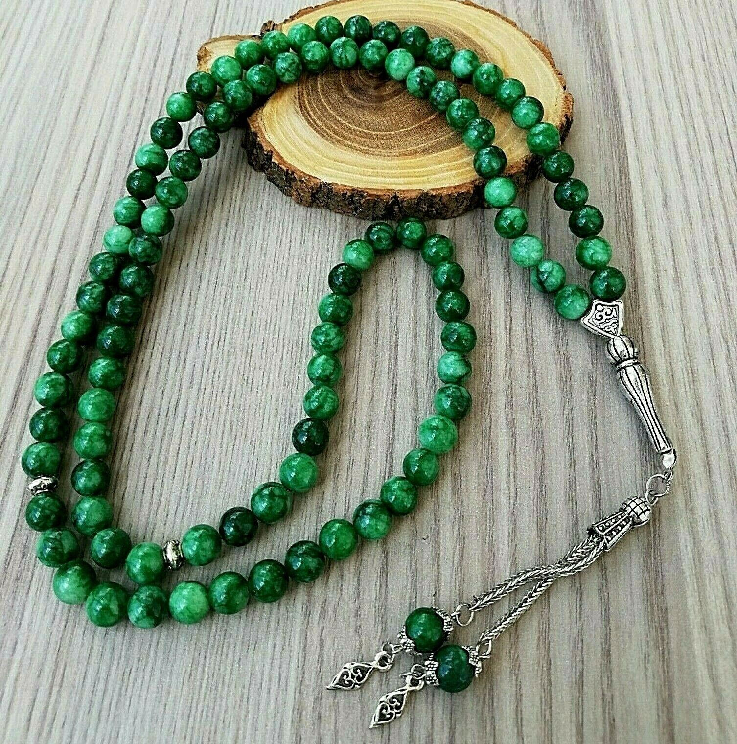 REAL Green Jade  Stone Islamic Prayer 99 beads Tasbih Misbaha Rosary Tasbeeh 8mm