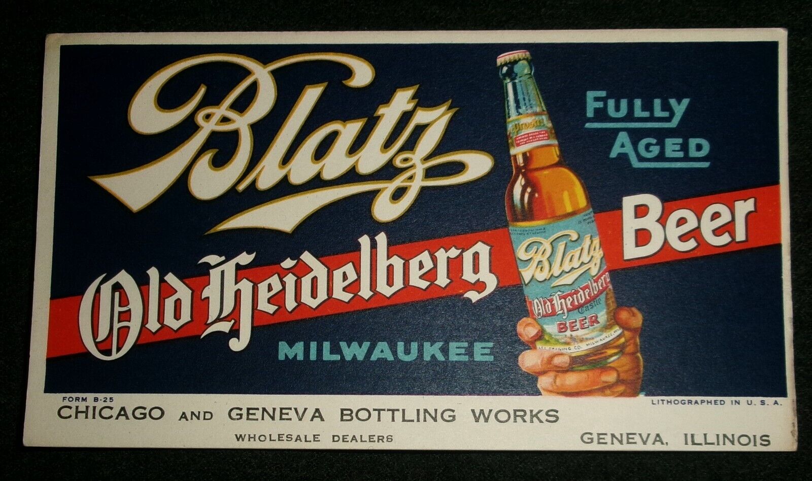 Nice Blatz Old Heidelberg Beer Heavy Paper Ink Blotter, Milwaukee Wisconsin