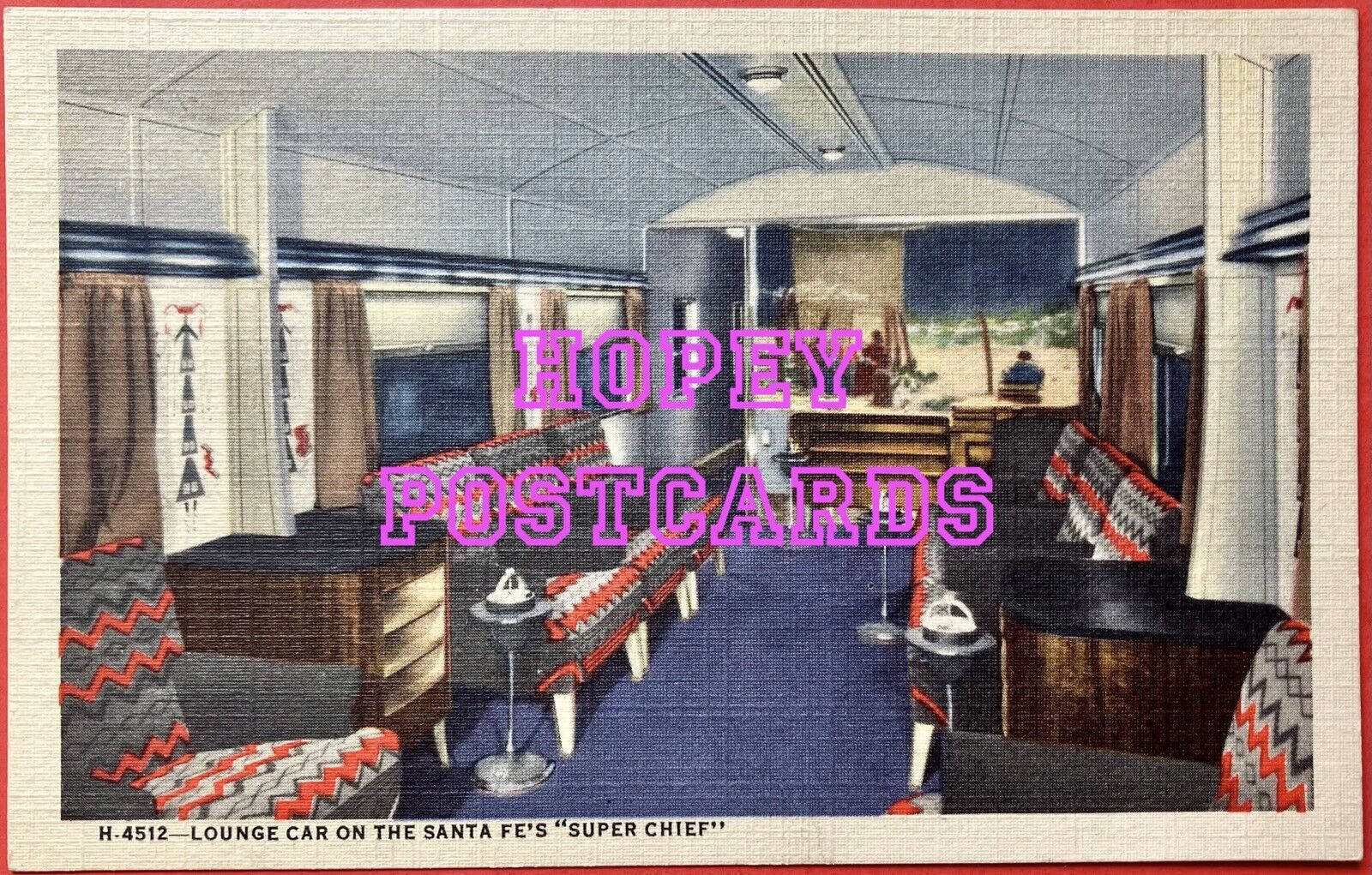 SANTA FE\'S SUPER CHIEF ~  LOUNGE CAR ~FRED HARVEY ~ LINEN postcard~ 1946