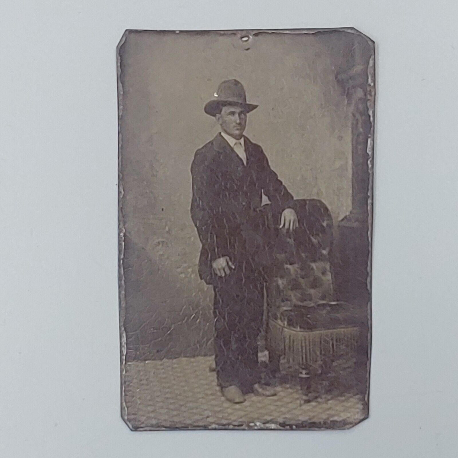 Antique 1/6th Plate Tintype Man in Hat Man Sitting Americana ca 1800's