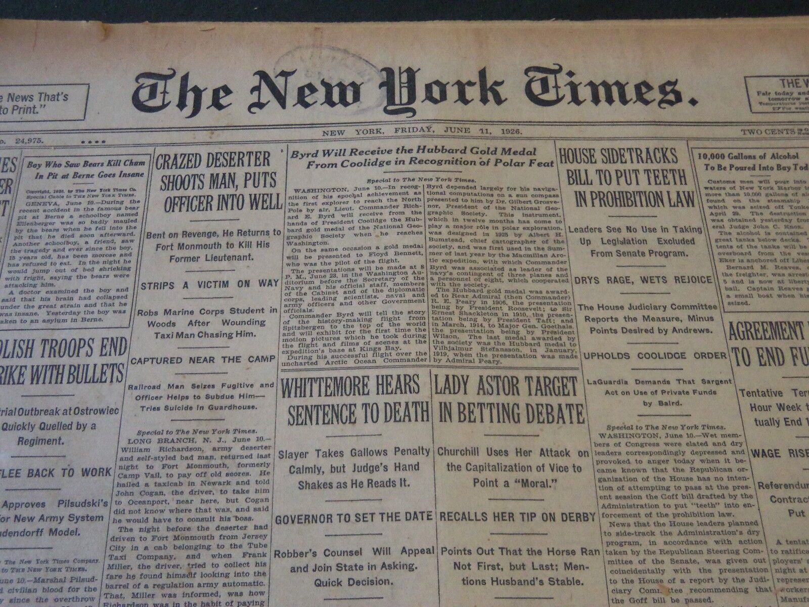 1926 JUNE 11 NEW YORK TIMES - BYRD WILL RECEIVE HUBBARD GOLD MEDAL - NT 5560