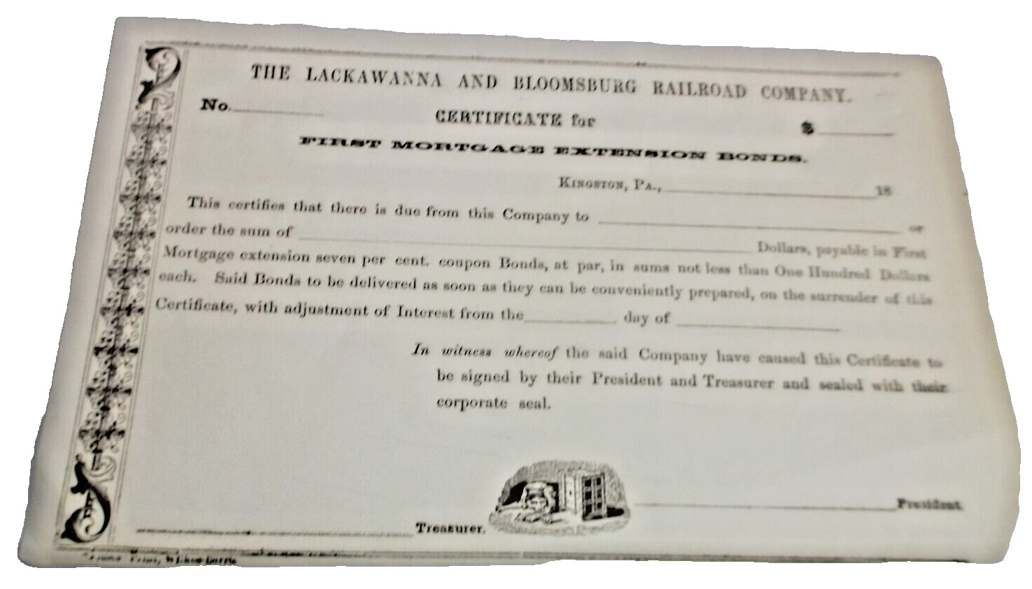 1850's LACKAWANNA AND BLOOMSBURG RAILROAD DL&W EXTENSION BOND RECEIPT