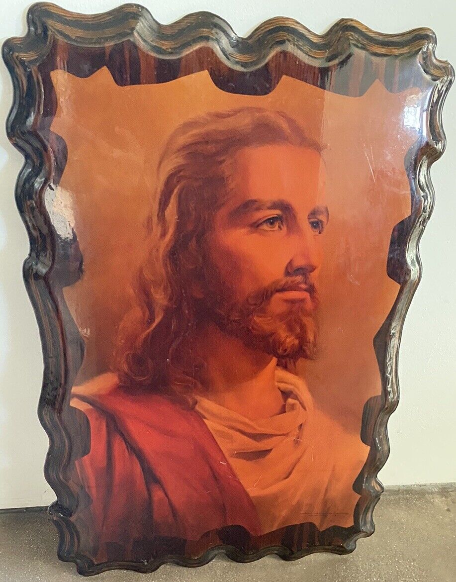 Vintage MCM 1959 Messenger Jesus Christ Portrait Wood Religious Art Print Icon