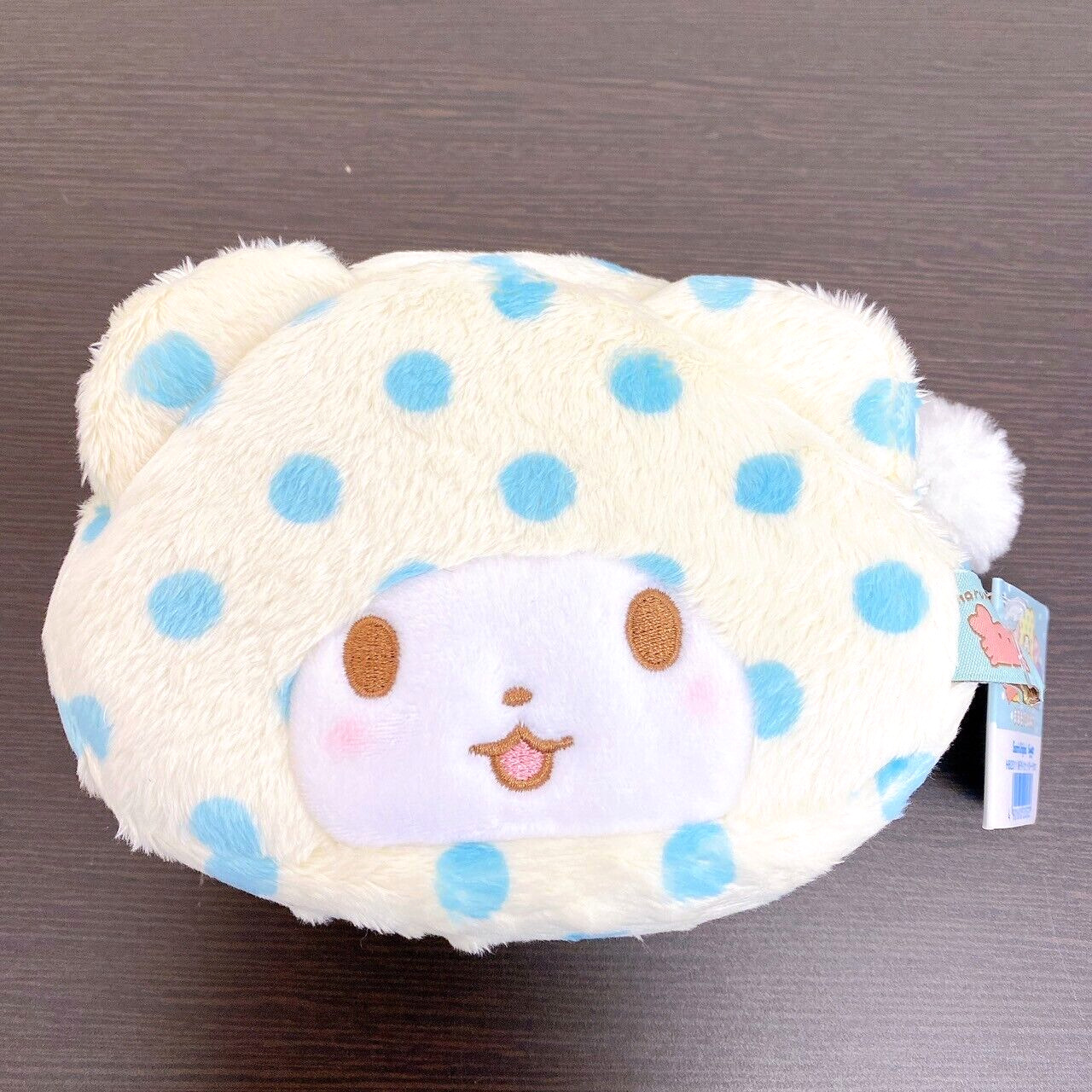 Sanrio Marumofu Biyori Pouch Mop Bear White LightBlue Dot Face Die Cut Fluffy