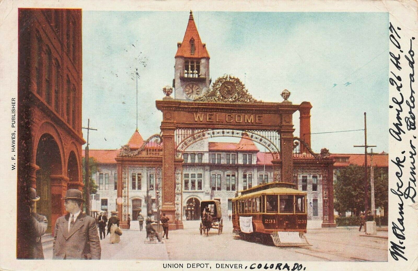 Union Depot, Train Station, Denver, CO, 1907 Postcard Sent to Antwerp, Belgium