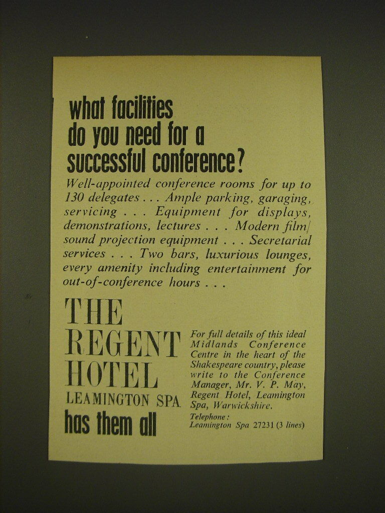 1963 The Regent Hotel Leamington Spa Ad - What facilities do you need