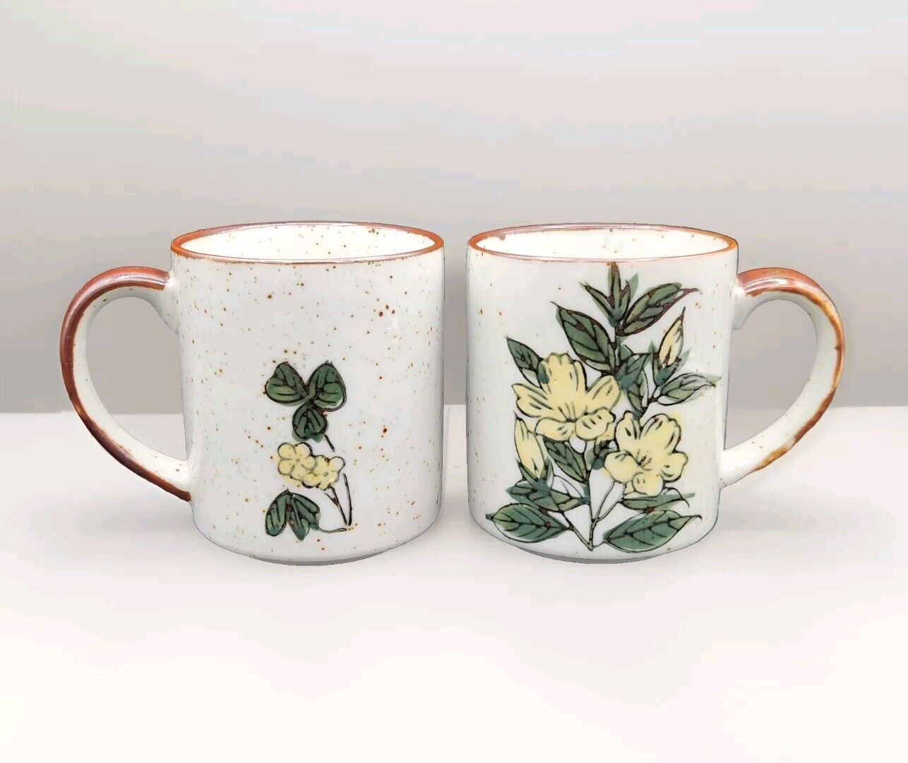 VTG Set Of 2 Otagiri Style Speckled Stoneware Yellow Floral Coffee Mugs Japan