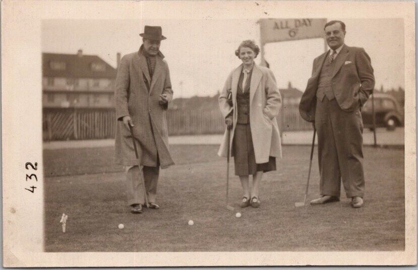 Vintage 1920s England GOLF Real Photo RPPC Postcard Threesome on Putting Green