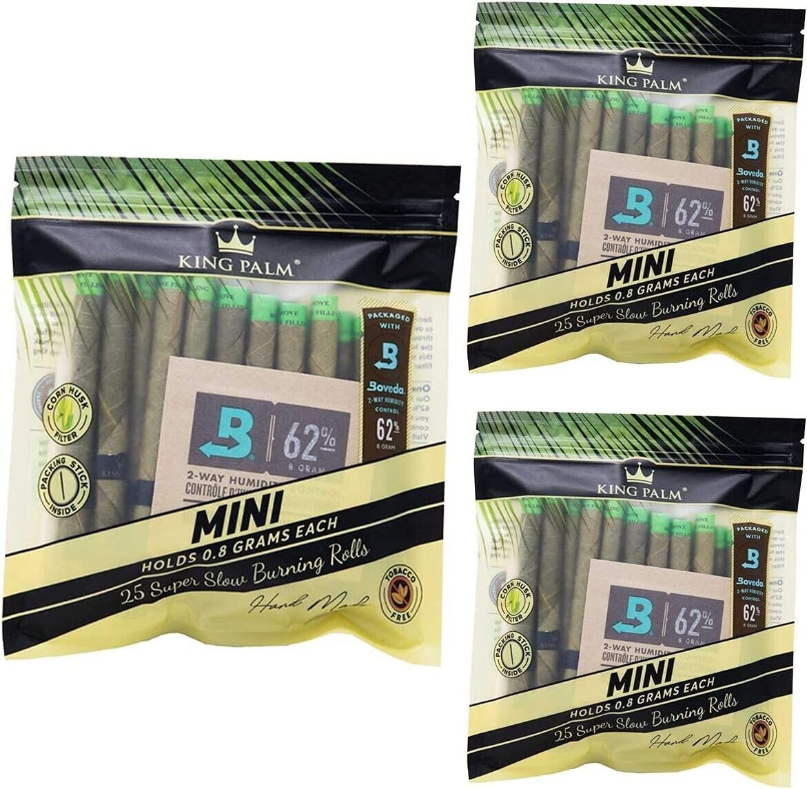 King Palm | Mini | Natural | Prerolled Palm Leafs |3 Packs of 25 Each = 75 Rolls