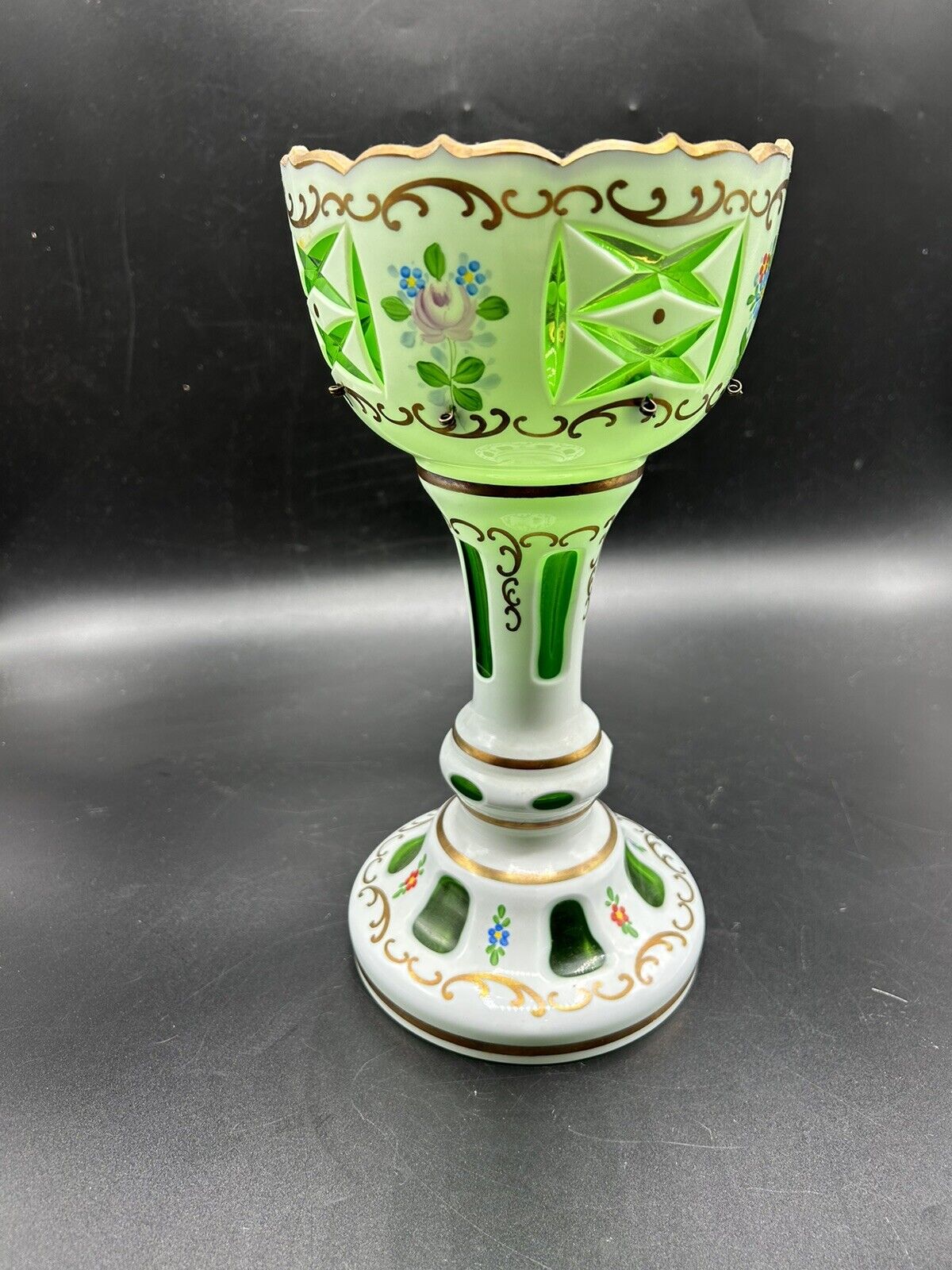 Victorian Czech Bohemia Cut To Green Glass Mantle Luster Candle Holder 10” *READ