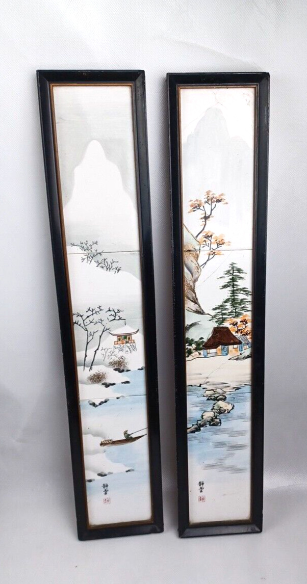 Pair Of Vintage CDGC Japanese Imports Hand Painted Country Tiles Framed  Signed