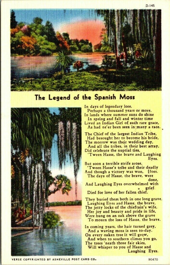 c1940s The Legend Of The Spanish Moss Poem Vintage Postcard