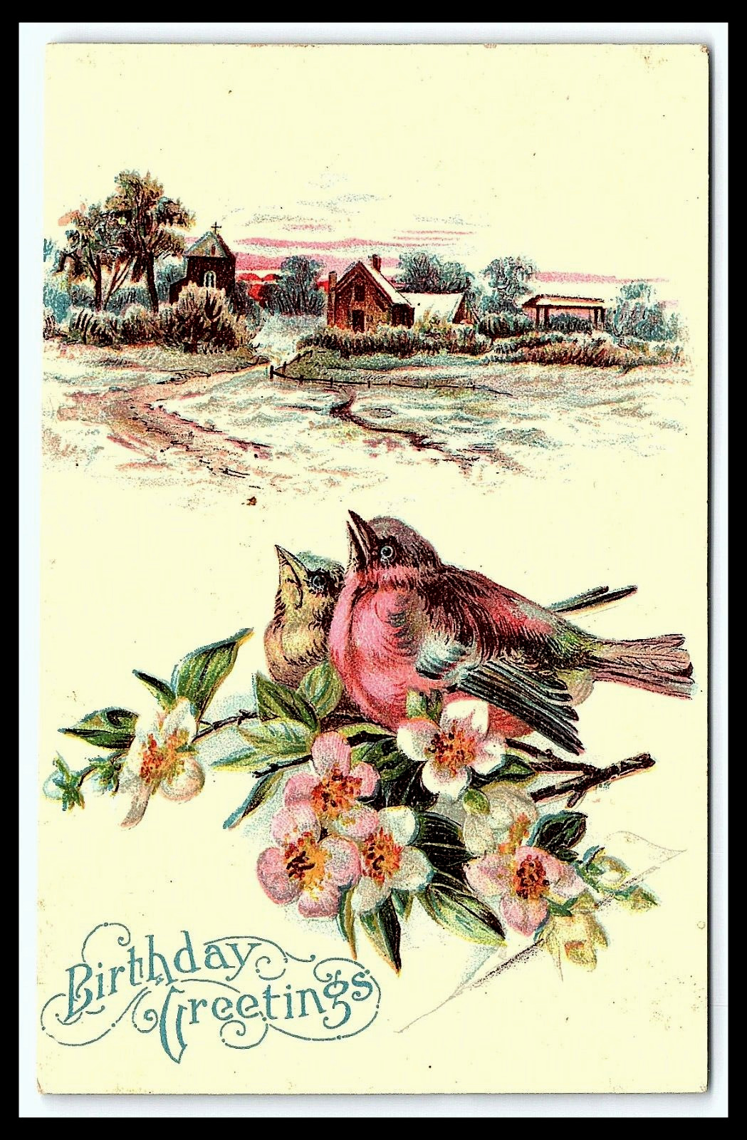 Birthday Greetings Wintery Scene Birds Houses Embossed Postcard     pc318