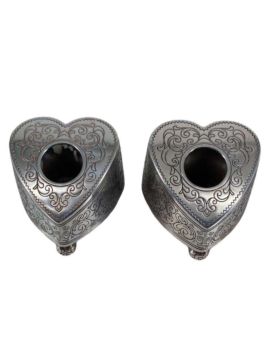 Vintage Brighton Silver Plated Pair Heart Taper Candle Holders Set of 2 ￼ ￼