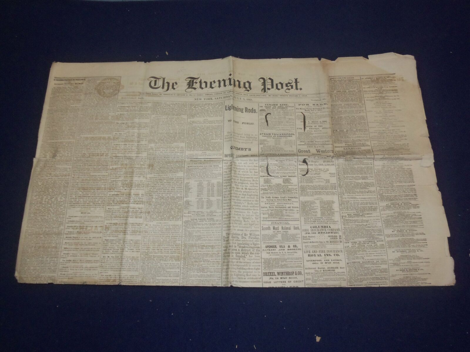1869 JULY 3 THE SATURDAY EVENING POST NEWSPAPER - CORNELL UNIVERSITY - NP 5054
