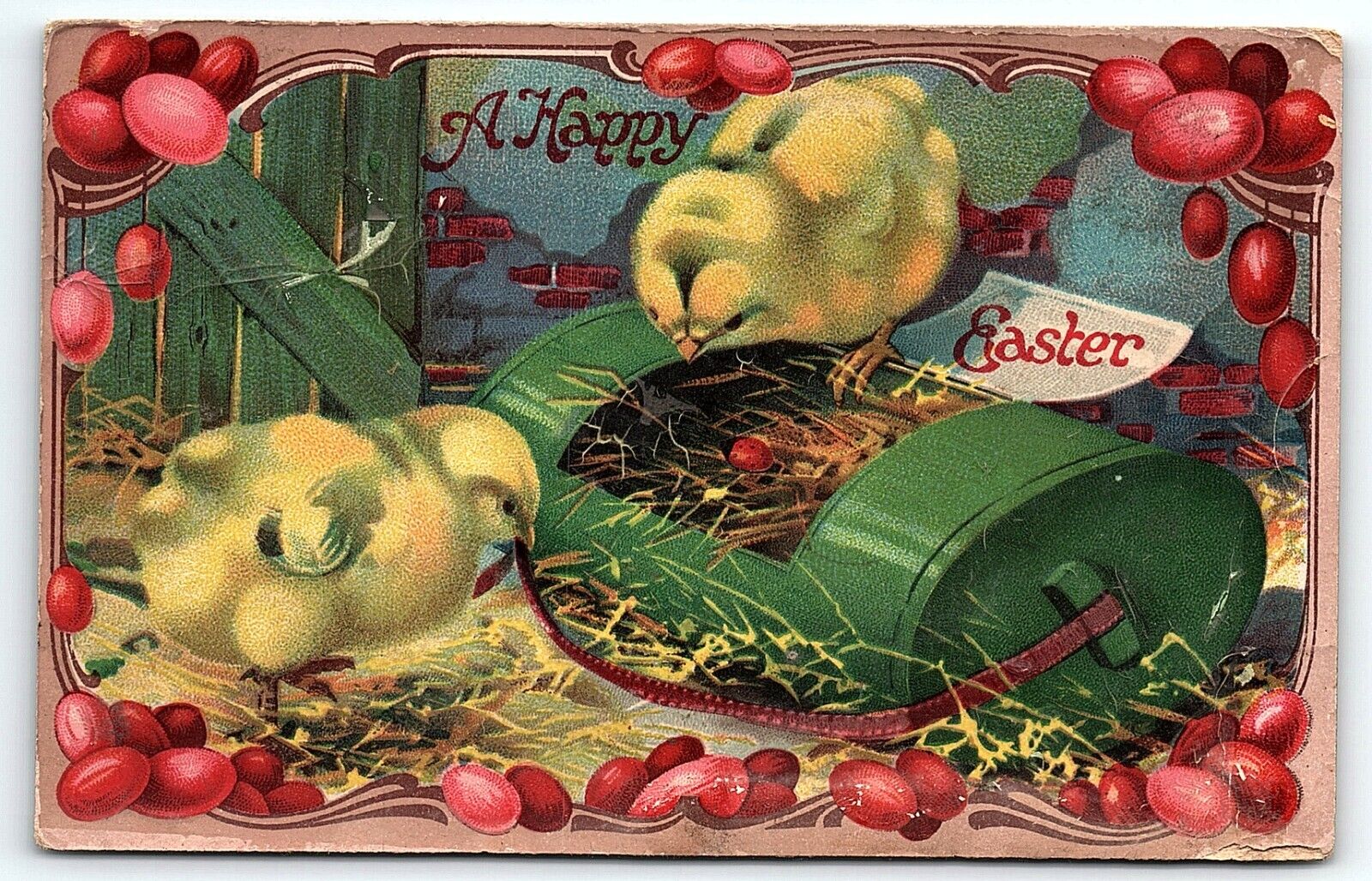 1911 HAPPY EASTER BABY CHICKS EGGS STRAW NEST WATERTOWN SD POSTCARD P2506