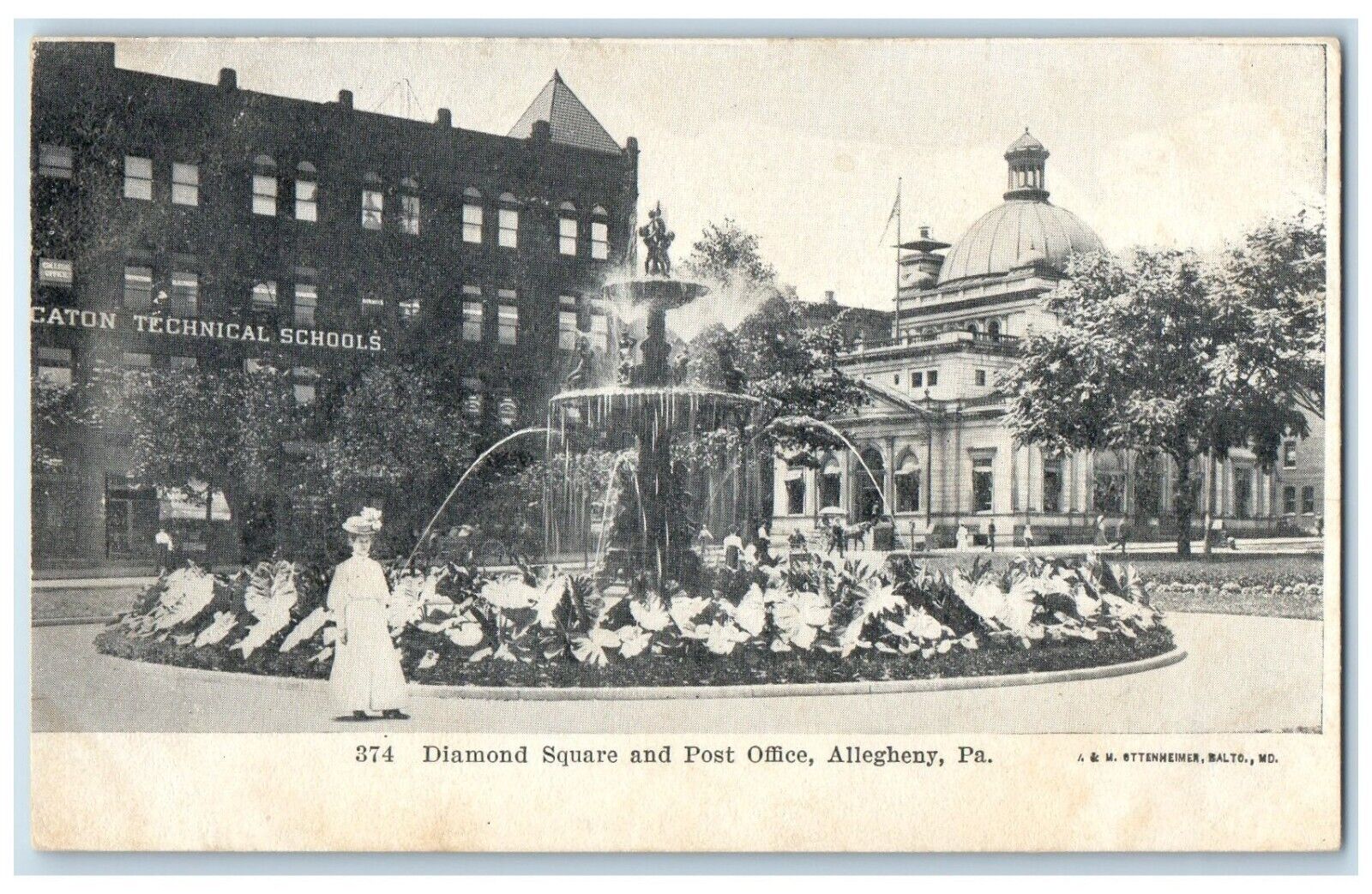Diamond Square And Post Office Water Fountain Allegheny Pennsylvania PA Postcard