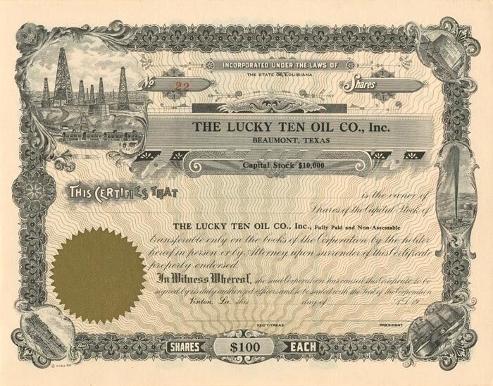 Lucky Ten Oil Co., Inc. - Stock Certificate - Oil Stocks and Bonds
