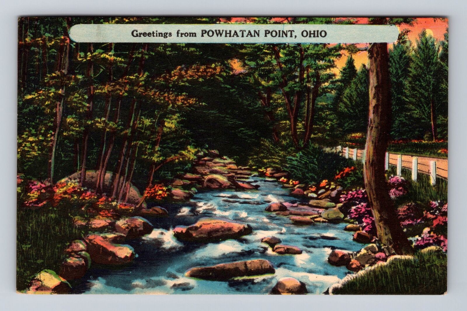 Powhatan Point OH-Ohio, Greetings, Scenic Creek & Wildflowers, Vintage Postcard