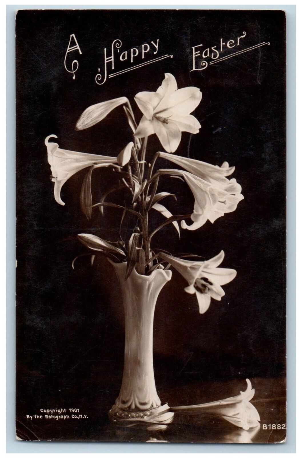 1907 A Happy Easter Lilies Flowers Vase Studio Portrait RPPC Photo Postcard