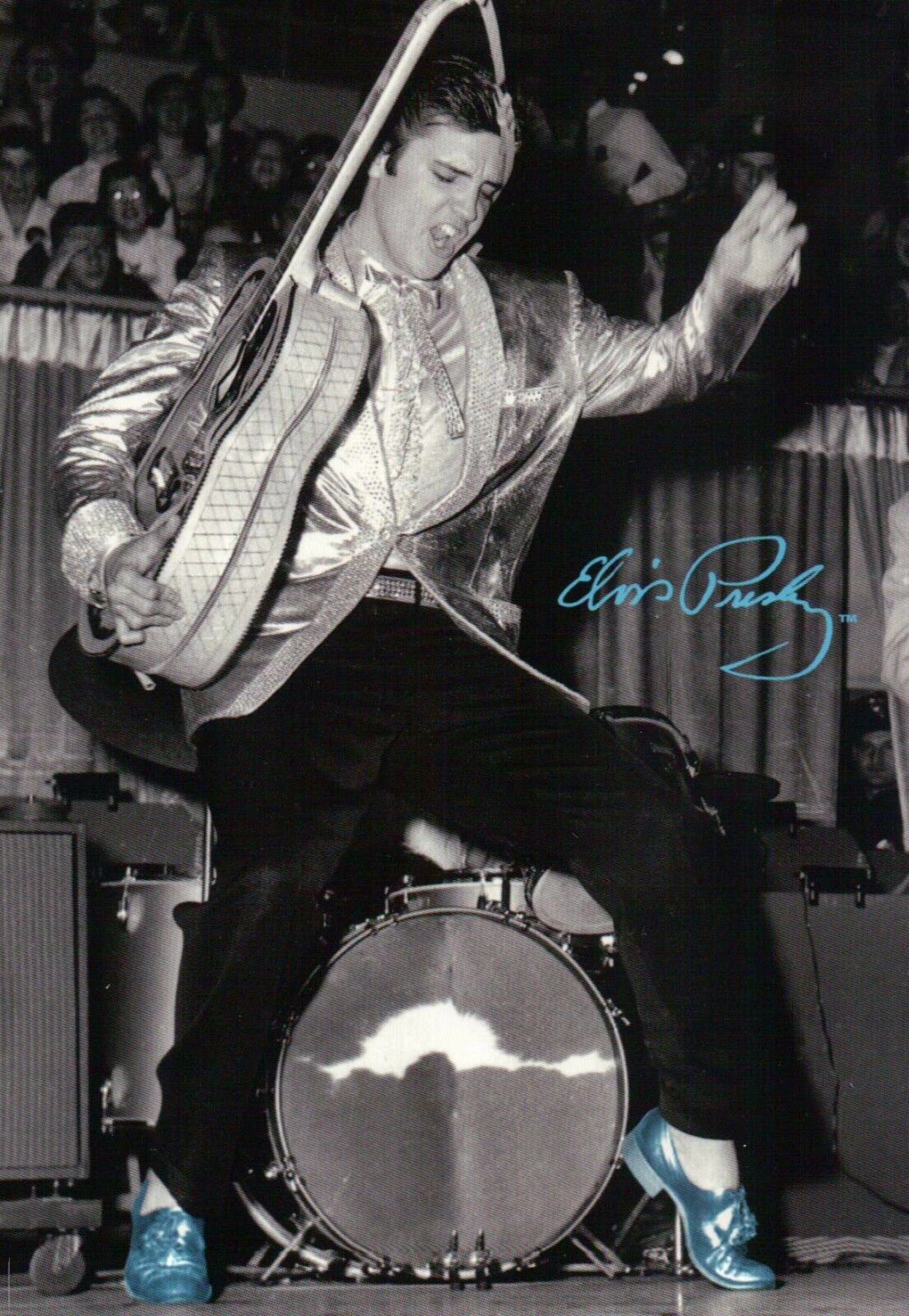 Elvis Presley Dancing on Stage with Guitar in His Blue Suede Shoes --- Postcard