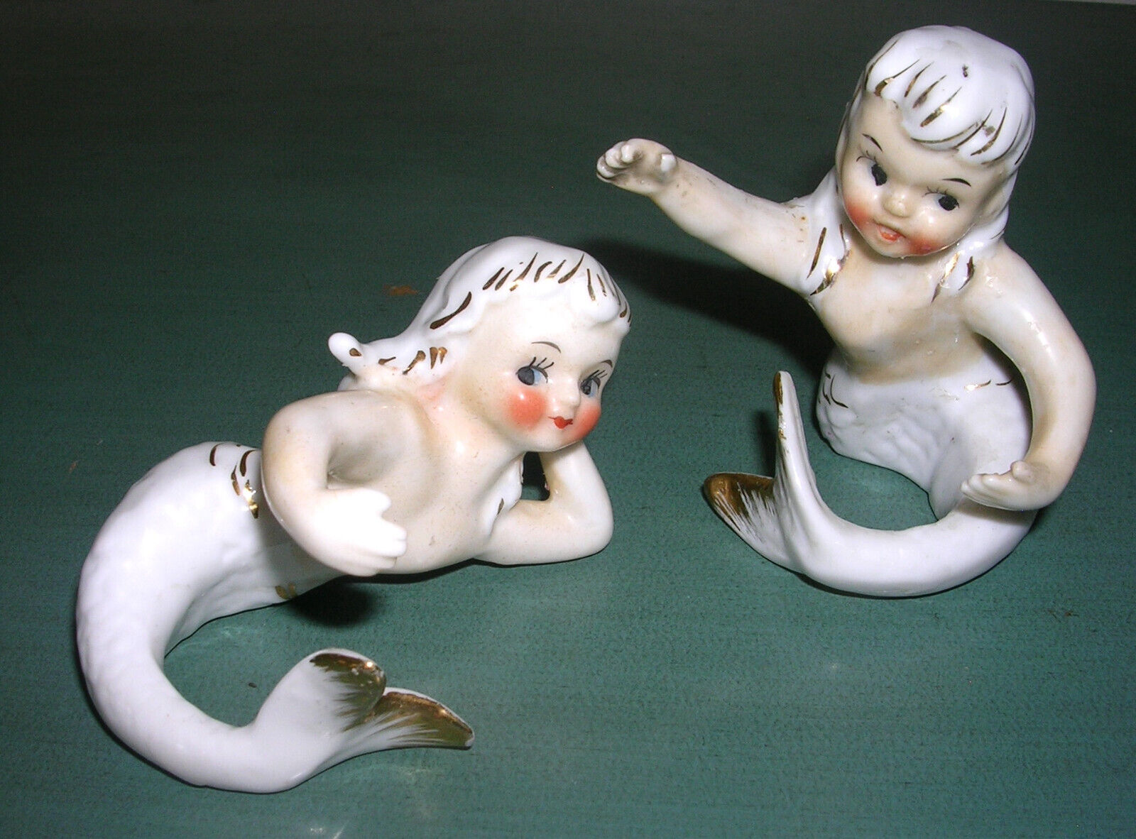 Vintage Lefton 1950’s Pair Mermaid Fish Girls Candle Hugger Ceramic Figurines