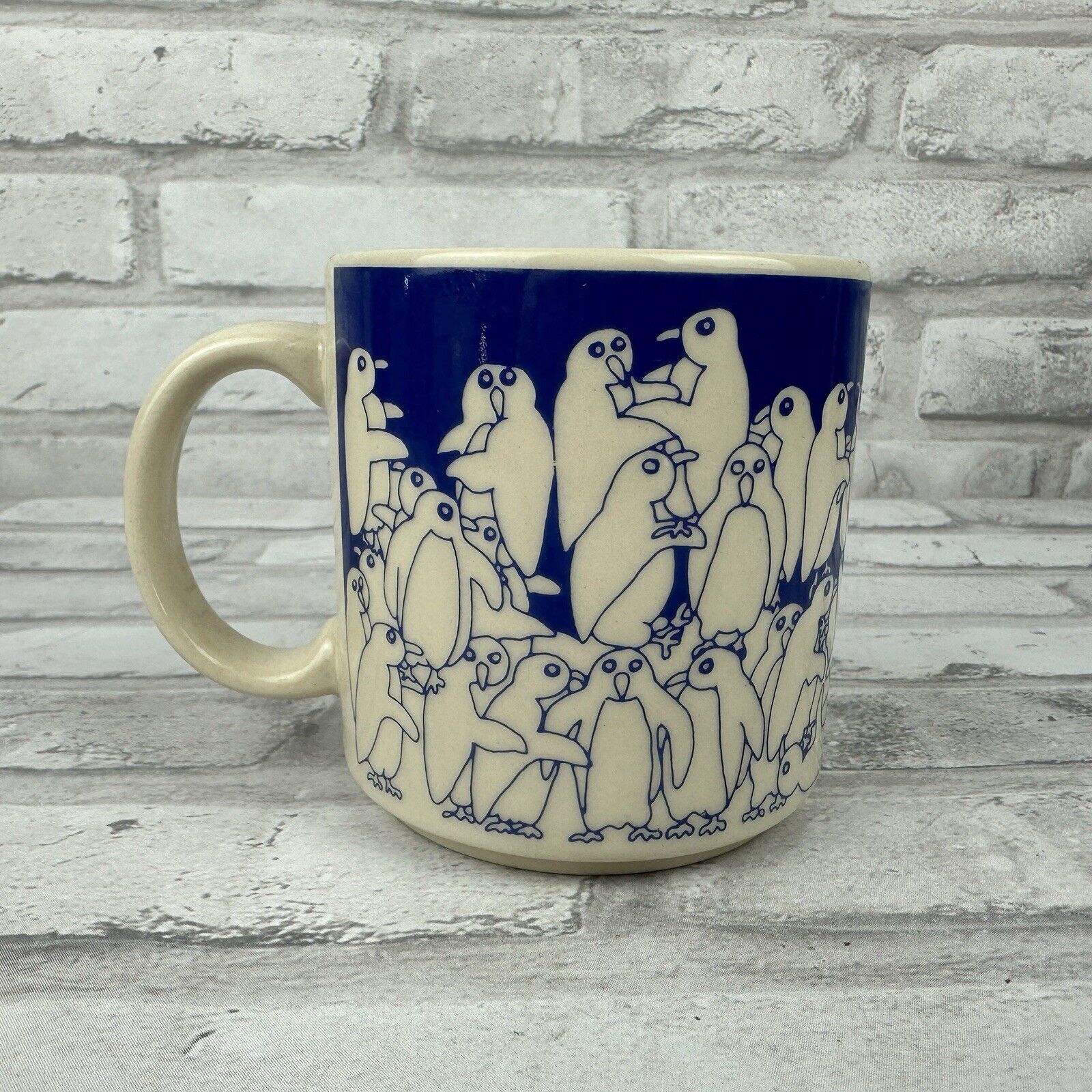Taylor & Ng Mug Naughty Penguins 1984 Vintage Blue Cream Coffee Cup Novelty