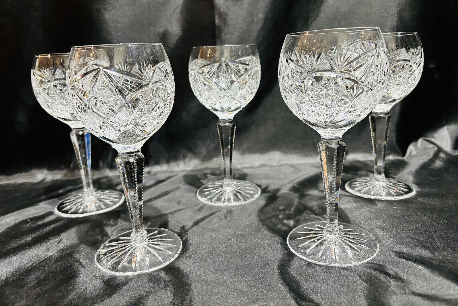 Set of 5 “Camelia” Cut Crystal Hock Wine Glasses, American Brilliant Cut Style