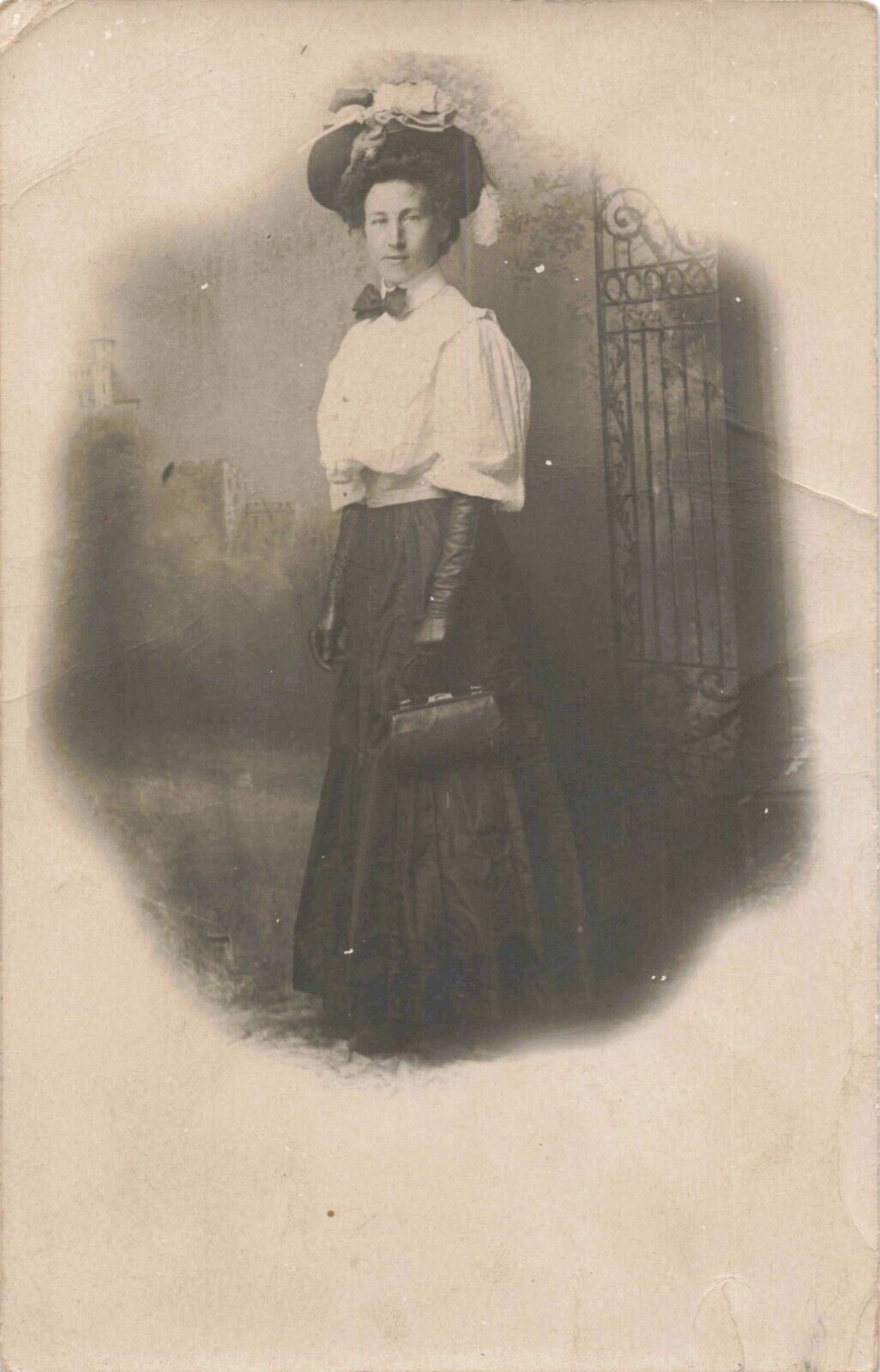 RPPC San Bernardino CA Woman Dressed Up Black Gloves Pocketbook 1909 Antique 512