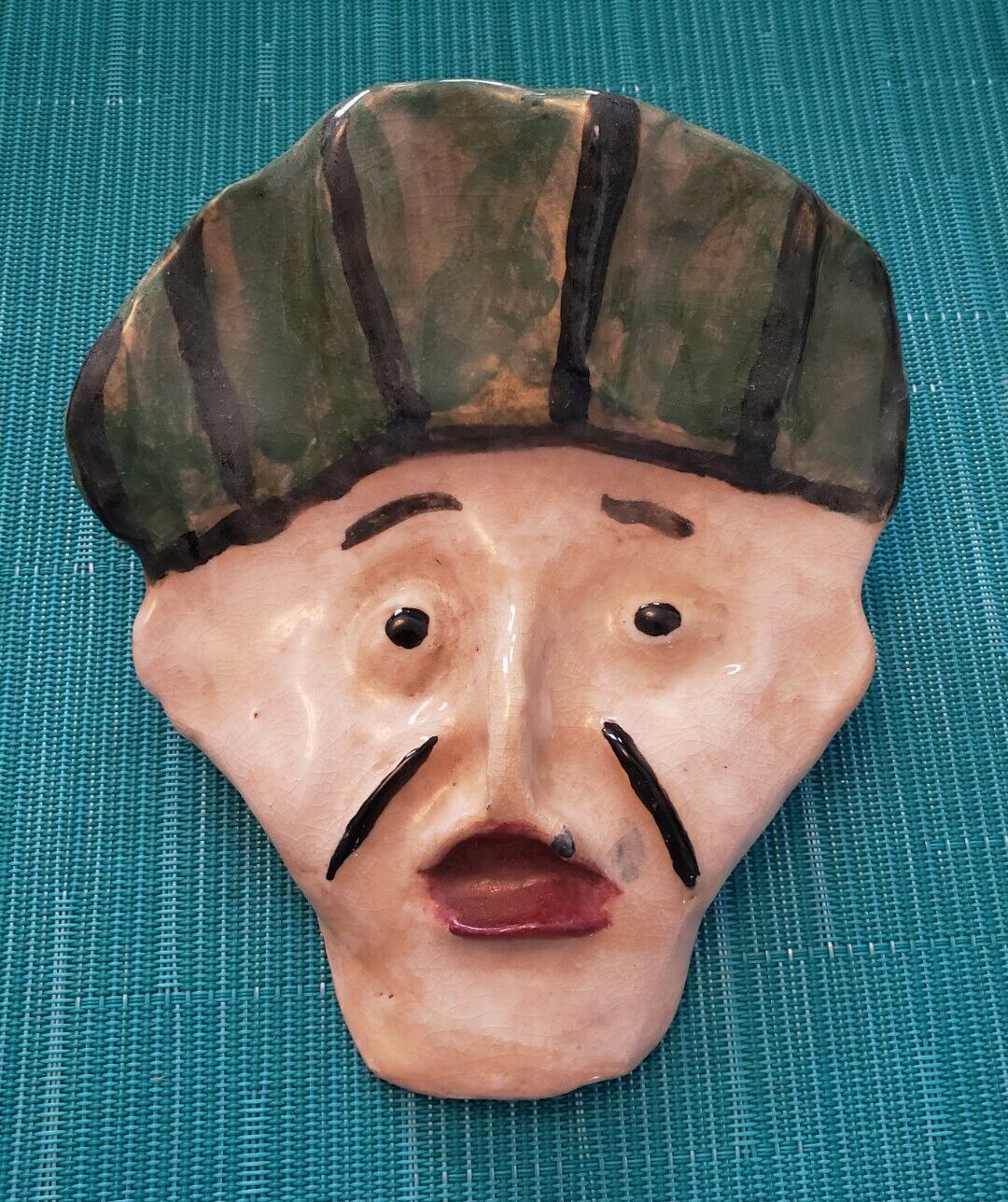 Vintage Hand Sculpted Painted Pottery Clay Face Mask Folk Art Signed