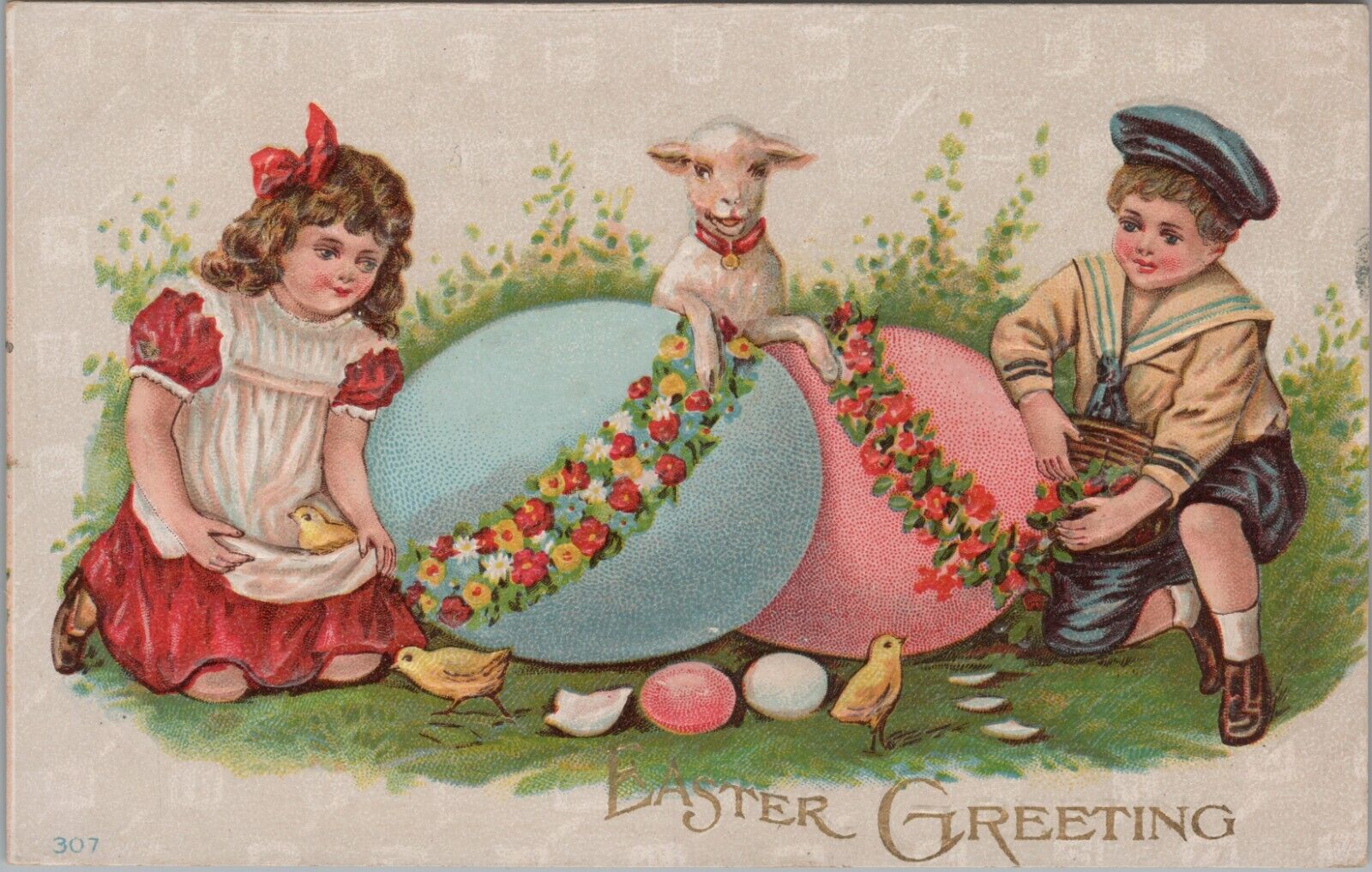 Easter Greeting Chicks Eggs Floral Wreath Lamb Kids 1910 embossed postcard G707