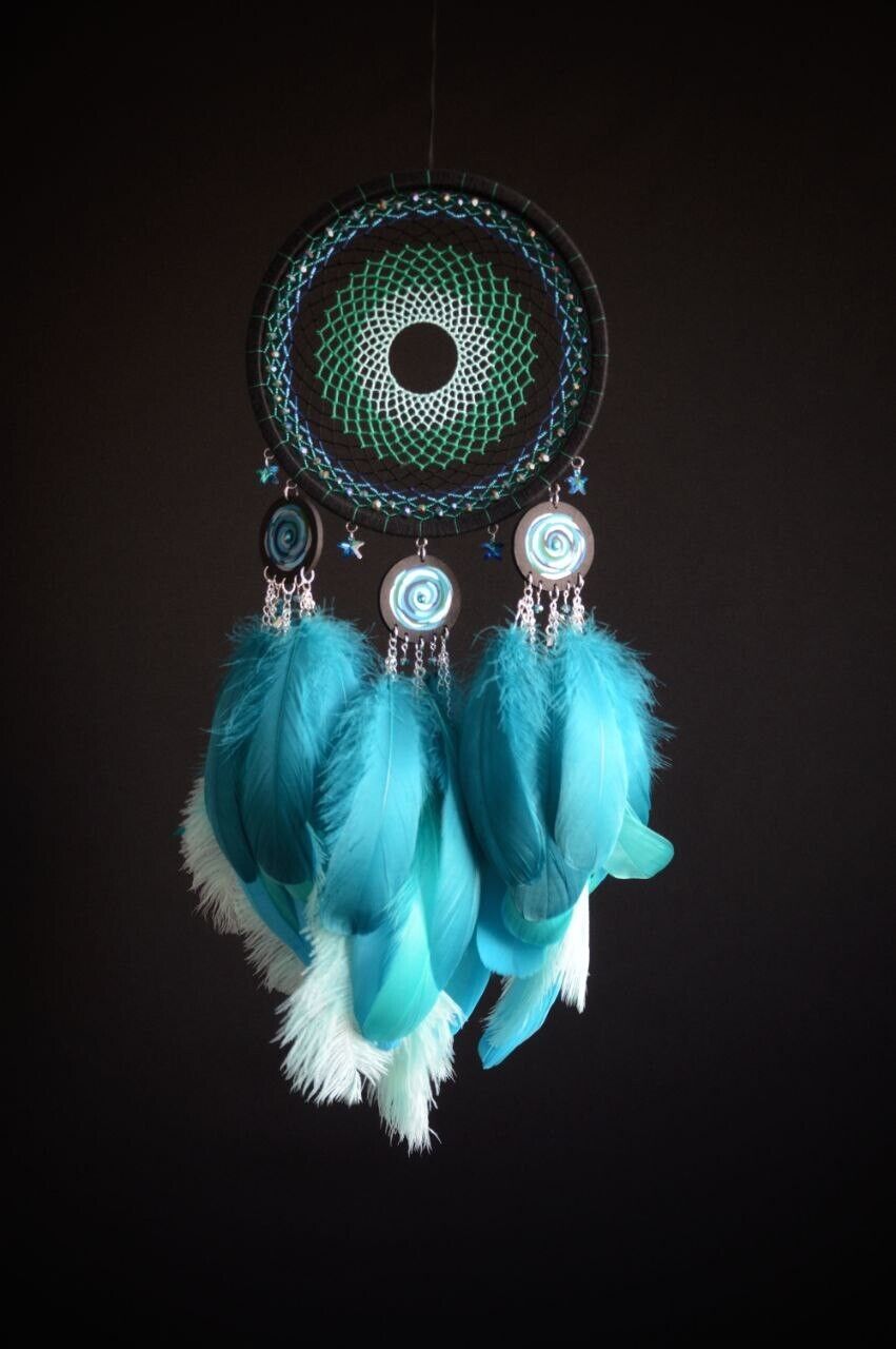 Handmade Large Black Turquoise Dream Catcher with glass bead and ostrich feather