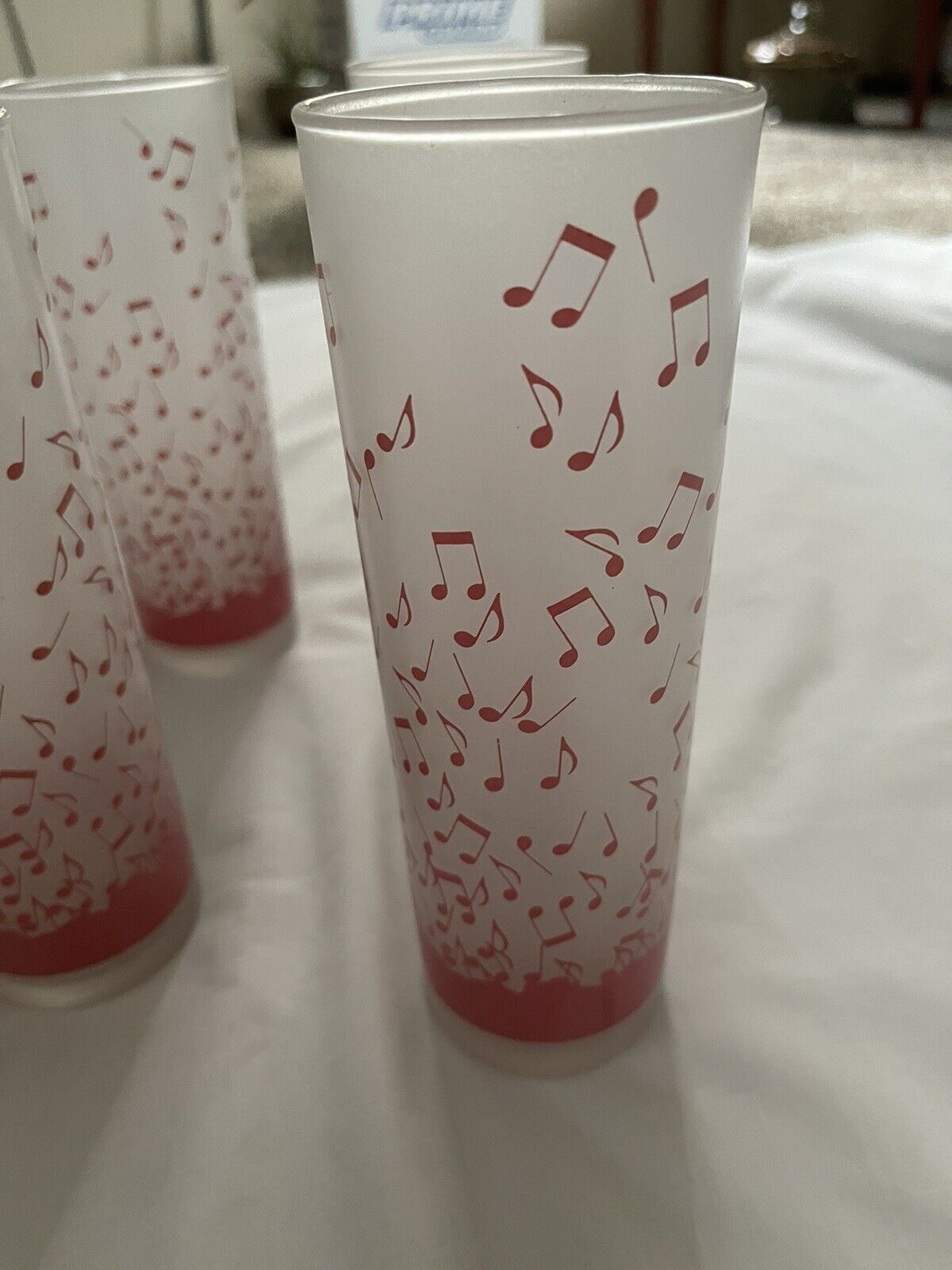 Vtg Frosted 4 Pink Floating Music Notes High Ball Glasses Barware MCM