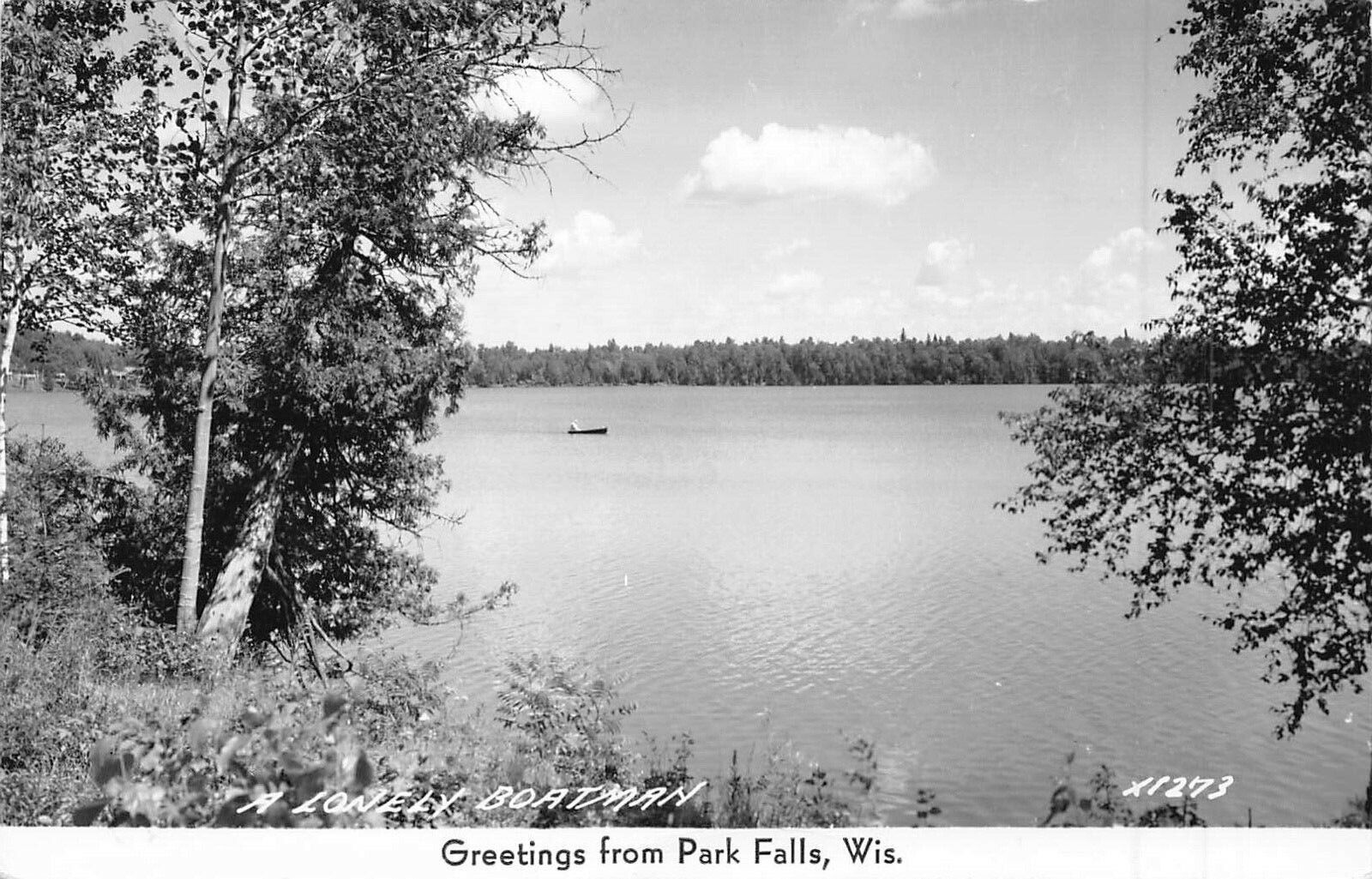 PARK FALLS WISCONSIN~A LONELY BOATMAN~1952 REAL PHOTO GREETINGS POSTCARD
