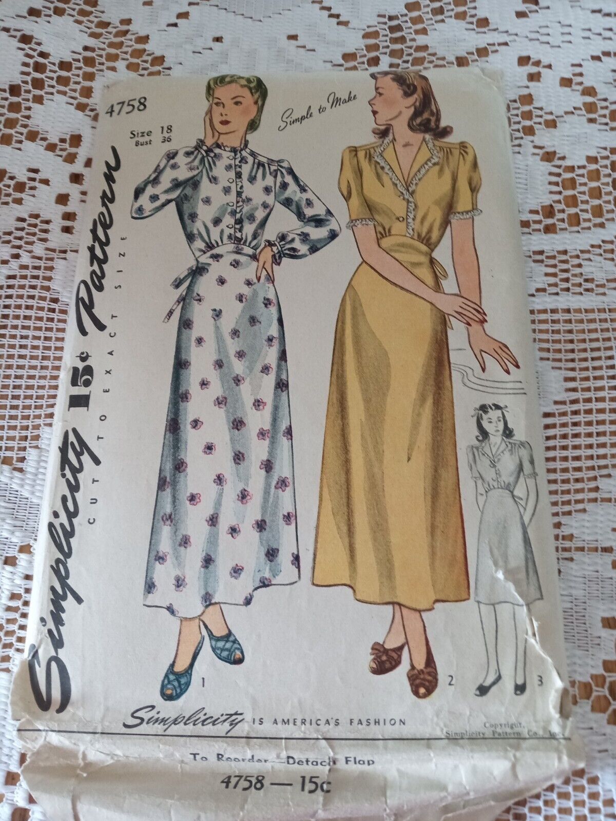 Vintage 1943 Simplicity Pattern 4758 Misses Night Gown sz 18 Bust 36
