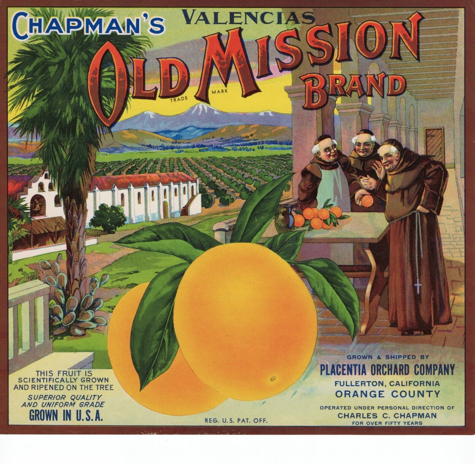 Original Unused CHAPMAN\'S OLD MISSION Orange Crate Label, Fullerton, Ca.
