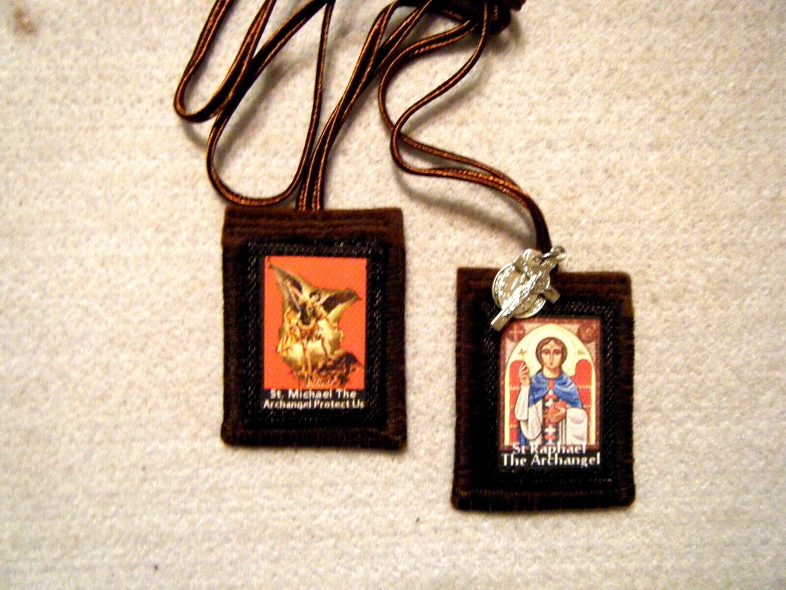 St. Raphael The Archangel and St. Michael the Archangel Brown Scapular 100%Wool 