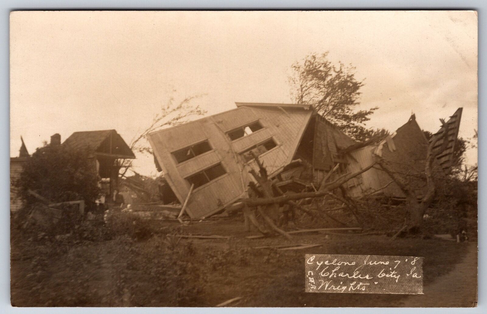 Charles City IA Damage From Tornado Disaster~Wright\'s Home Flattened c1908 RPPC