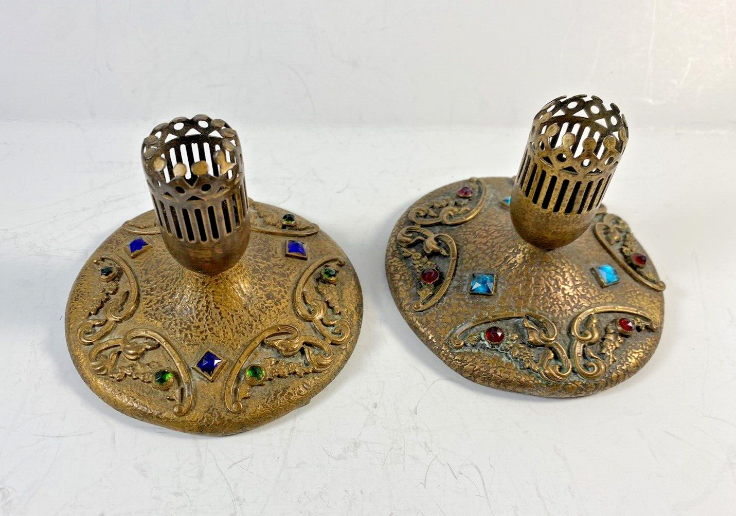 Pair of Rare and Unusual Antique Jeweled Metal Candlesticks