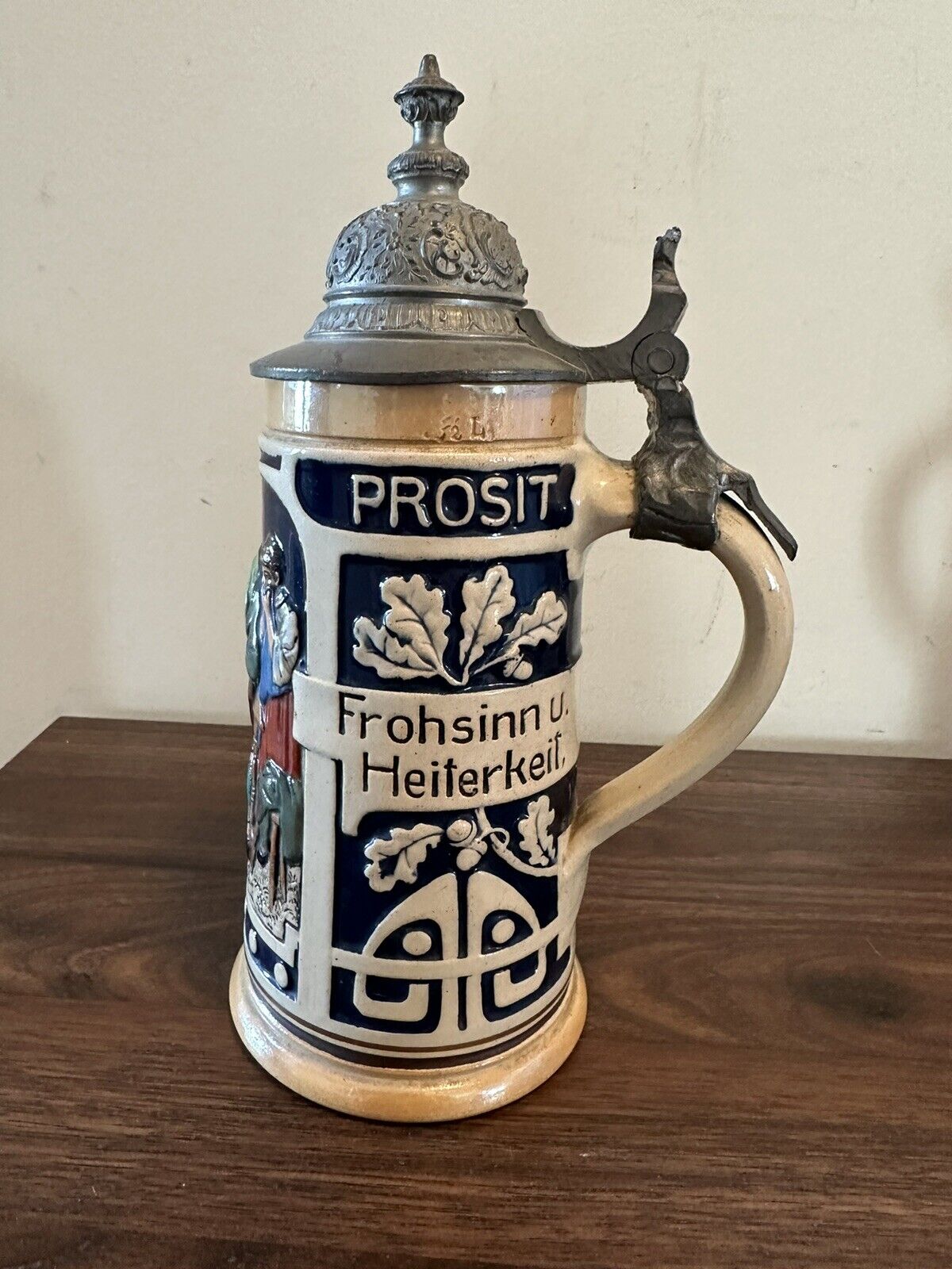 German Beer Stein Vintage Handmade w/ Pewter Lid Prosit A.P. 12 on lid