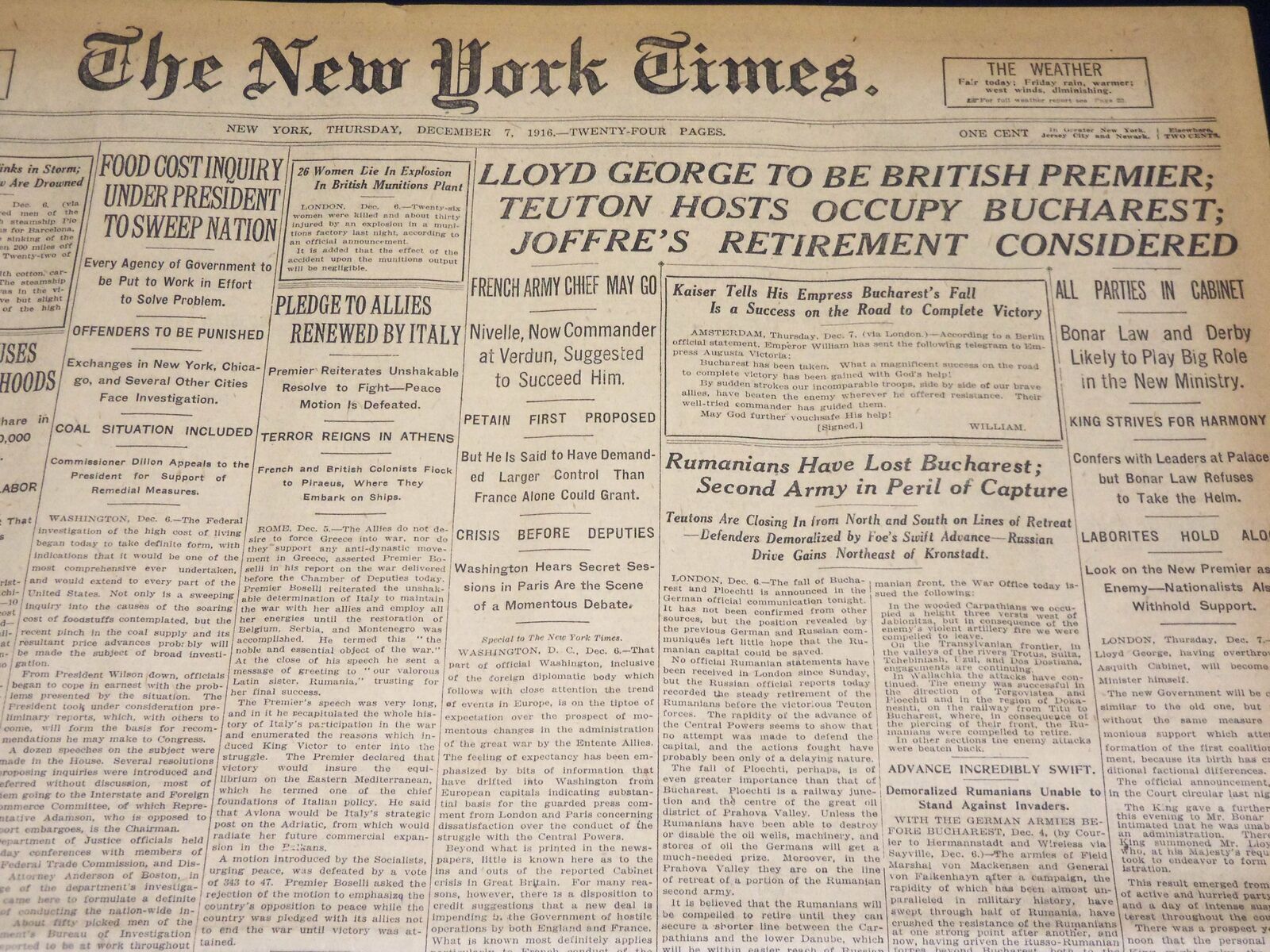 1916 DECEMBER 7 NEW YORK TIMES - LLOYD GEORGE TO BE BRITISH PREMIER - NT 8629