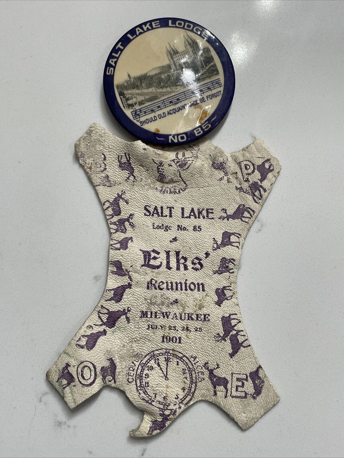 1901 BPOE ELKS Salt Lake Lodge 85 Milwaukee WI Reunion Pin Leather Hang Tag