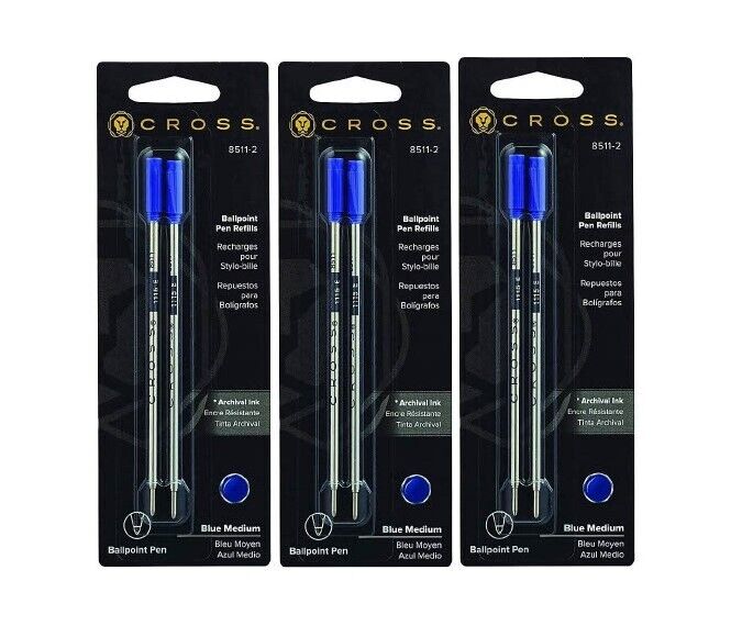 Cross 8511-2 Lot of 3 Packs of 2 Blue Medium Ballpoint Pen 6 Refills