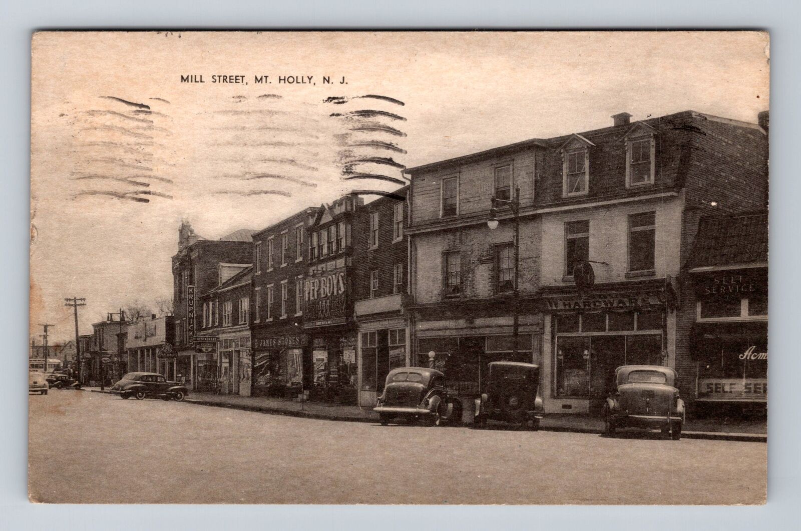 Mt Holly NJ-New Jersey, Mill Street, Hardware, Restaurant Vintage c1948 Postcard