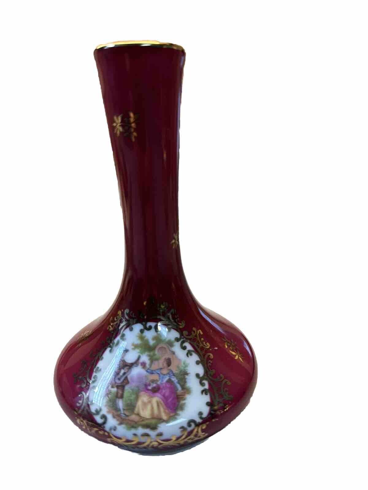 Vintage Limoges Porcelain Vase-Burgundy-Love Scene