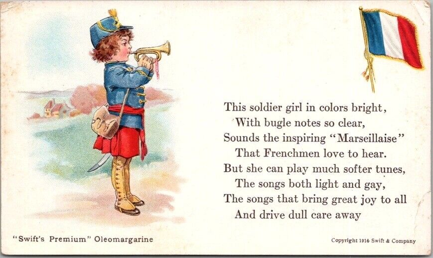 c1910s SWIFT\'S PREMIUM OLEOMARGARINE Advertising Postcard French Bugle Girl